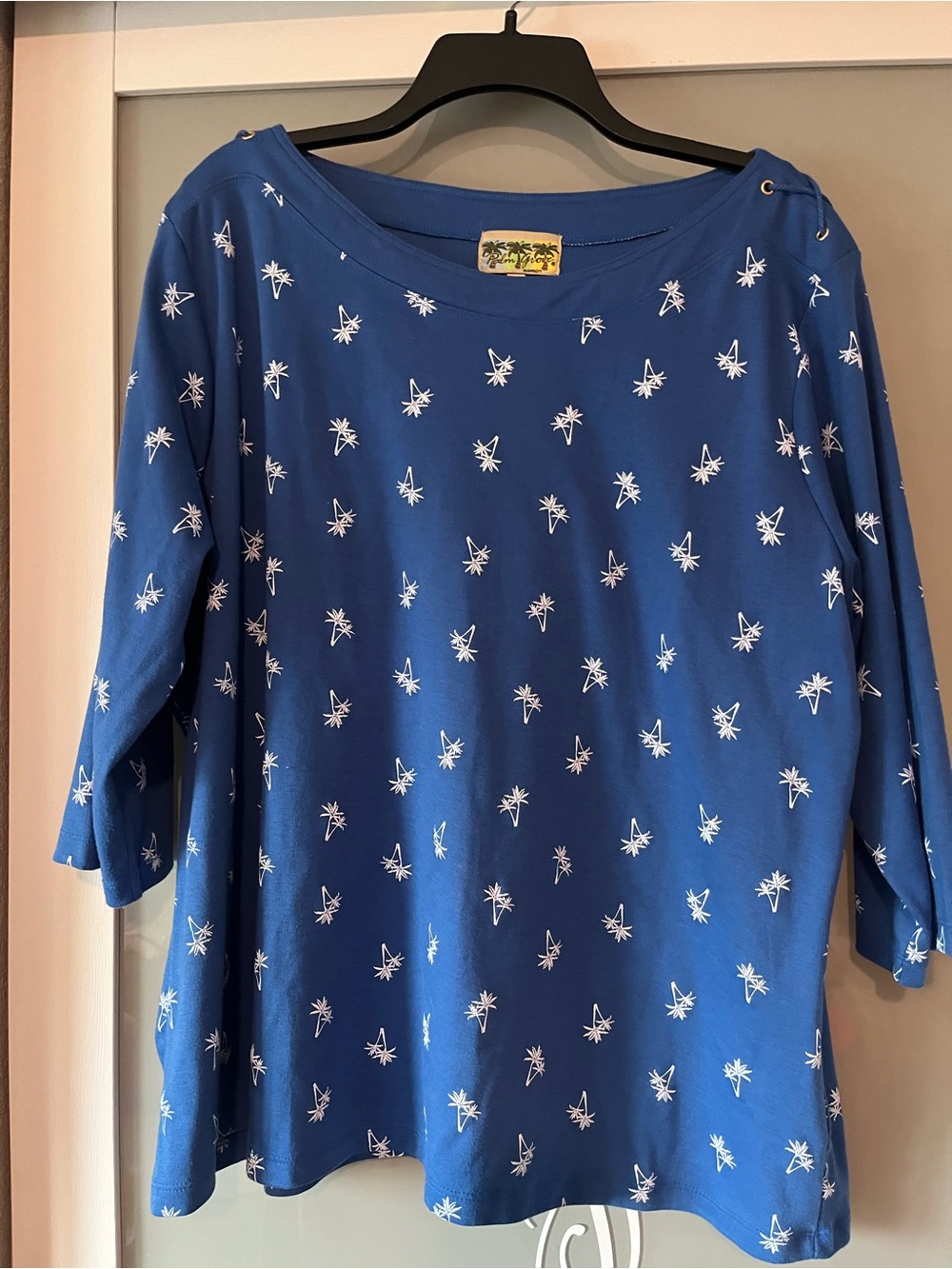 Women's Blue Palm-Print Boatneck Top 414
